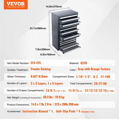 VEVOR Drill Bit Dispenser Cabinet Three-Drawer Drill Bit Organizer Cabinet Steel Drill Dispenser Organizer Cabinet Storage