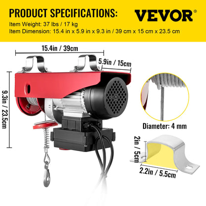 VEVOR 440/880/1320lbs Electric Hoist Winch with Wireless Remote Control Emergency Stop Switch Steel Wire Electric Cable Crane