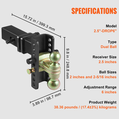 VEVOR Adjustable Trailer Hitch Ball Mount 2'' Receiver 6''Drop Drowith Receiver Solid Tube Steel Tow Balls for Truck Towing