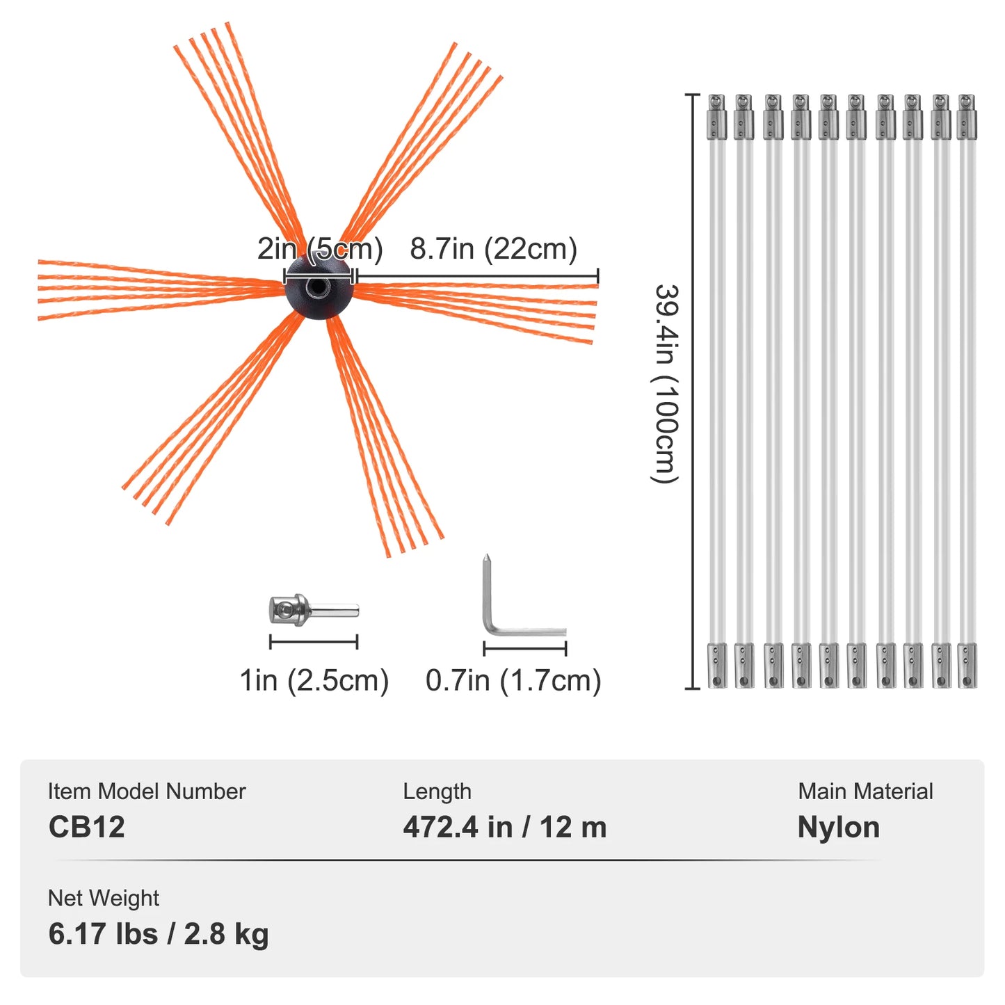 VEVOR 23/26/30/33/39ft Chimney Sweep Kit w/ Reinforced Nylon Flexible Rods Ergonomic Chimney Cleaning Brush 360-Degree Brush