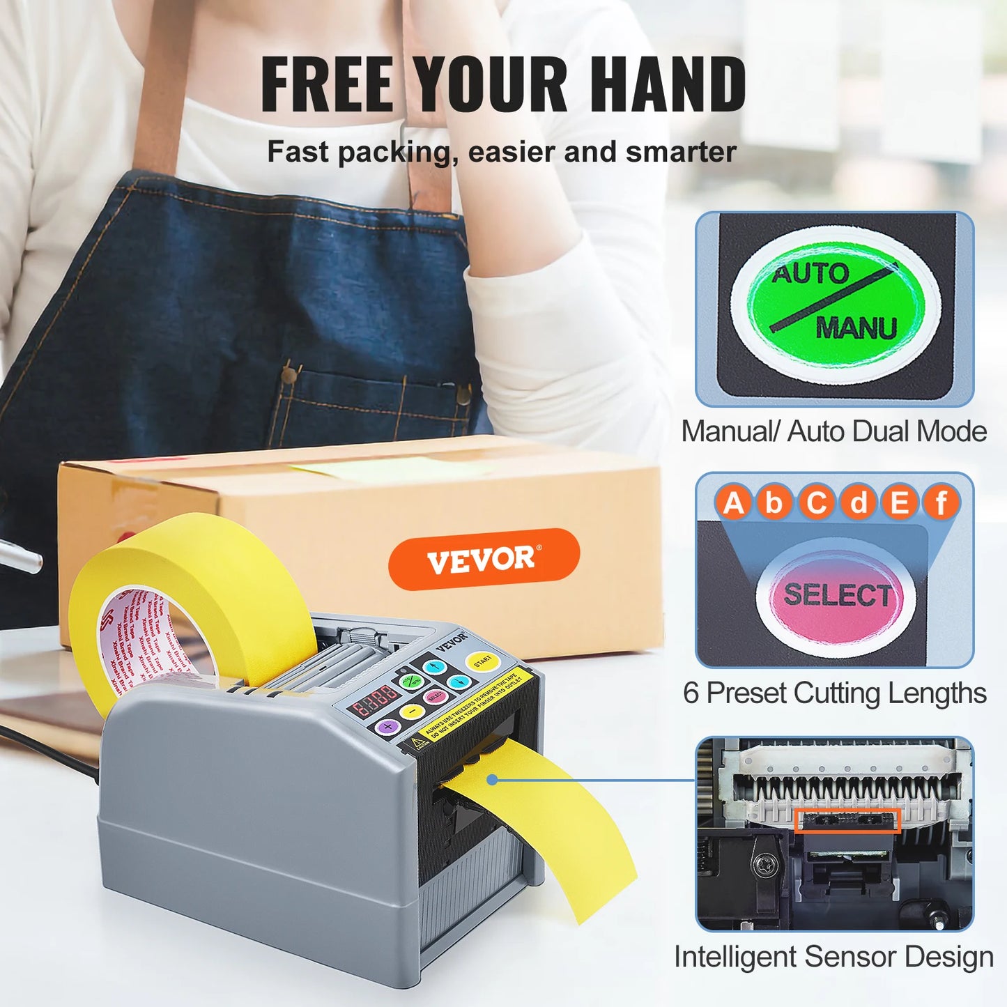 VEVOR ZCUT-9 Automatic Tape Cutting Machine Paper Slitting Dispenser 6-60mm Adhesive Electric Tape Cutter for Product Packaging