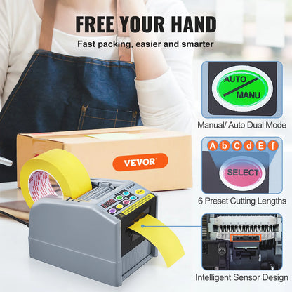 VEVOR ZCUT-9 Automatic Tape Cutting Machine Paper Slitting Dispenser 6-60mm Adhesive Electric Tape Cutter for Product Packaging