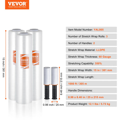 VEVOR 1/2/3/4 Packs Stretch Film 15 in Clear Shrink Film Roll Stretch Wrap with Handles for Pallet Wrapping Shipping Moving