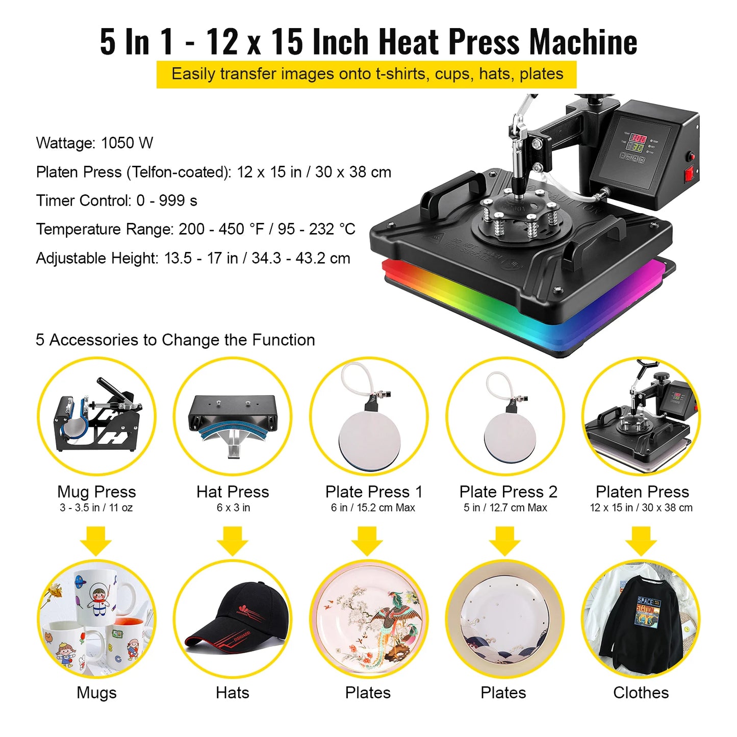 VEVOR 5 6 8 in 1 Heat Press Machine T shirt Heat Transfer Printer Muntifunctional Sublimation For Mug/Latte Mug/Hat/Plate/Bottle