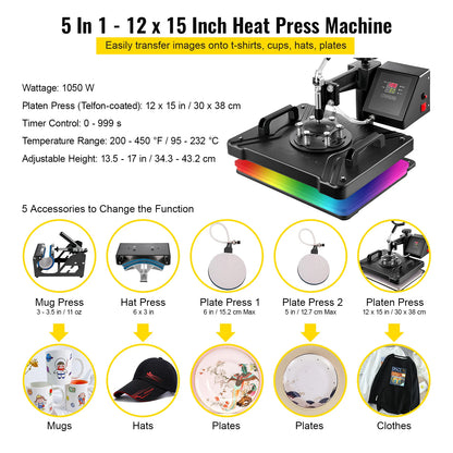 VEVOR 5 6 8 in 1 Heat Press Machine T shirt Heat Transfer Printer Muntifunctional Sublimation For Mug/Latte Mug/Hat/Plate/Bottle
