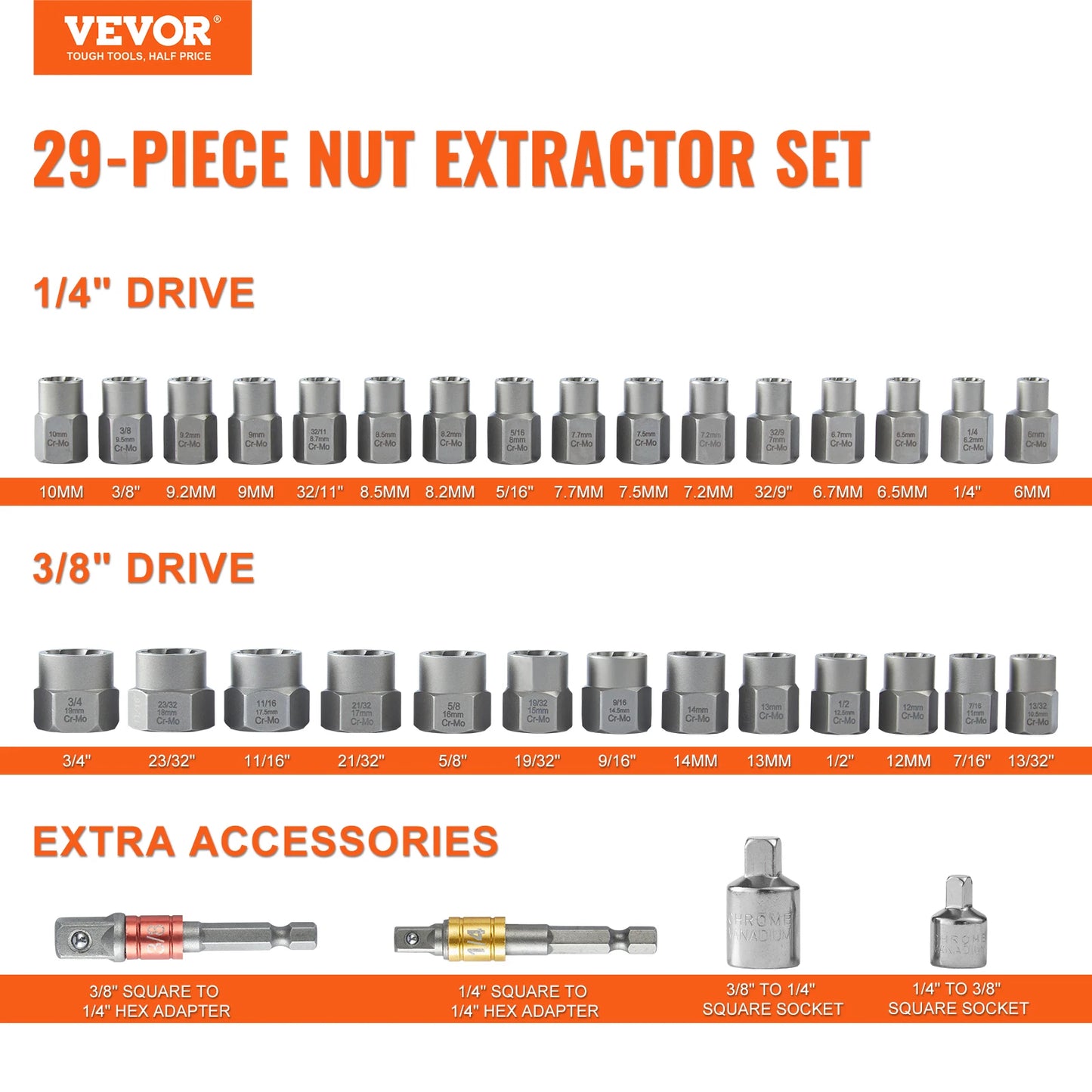 VEVOR 29PCs Bolt Extractor Set Bolt and Nut Remover Set 6mm to 10mm 13/32" to 3/4" CR-MO Steel Extraction Socket Set with Case