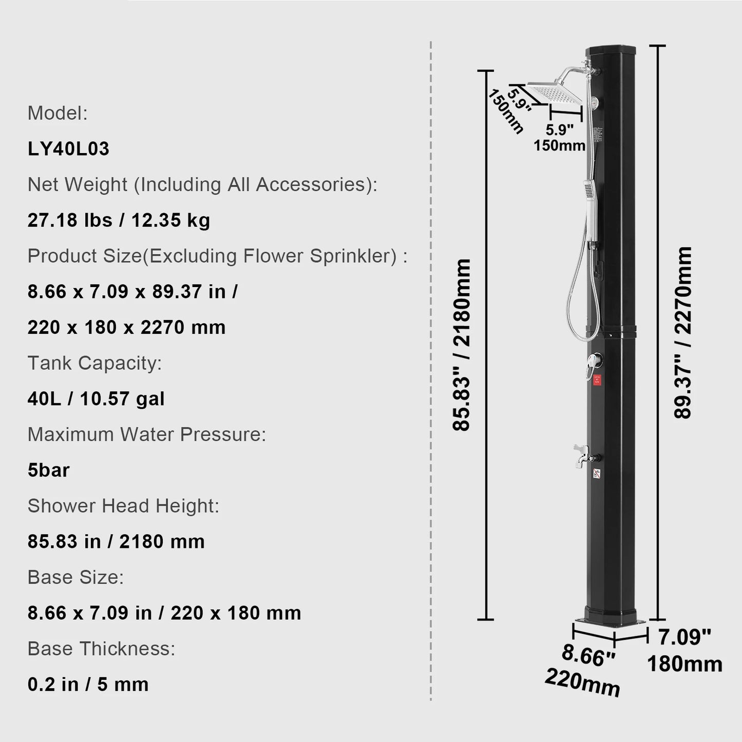 VEVOR Outdoor Solar Heated Shower 35/40L Shower Kit with Head and Foot Tap Double Buckle for Outdoor Backyard Poolside Beach Spa