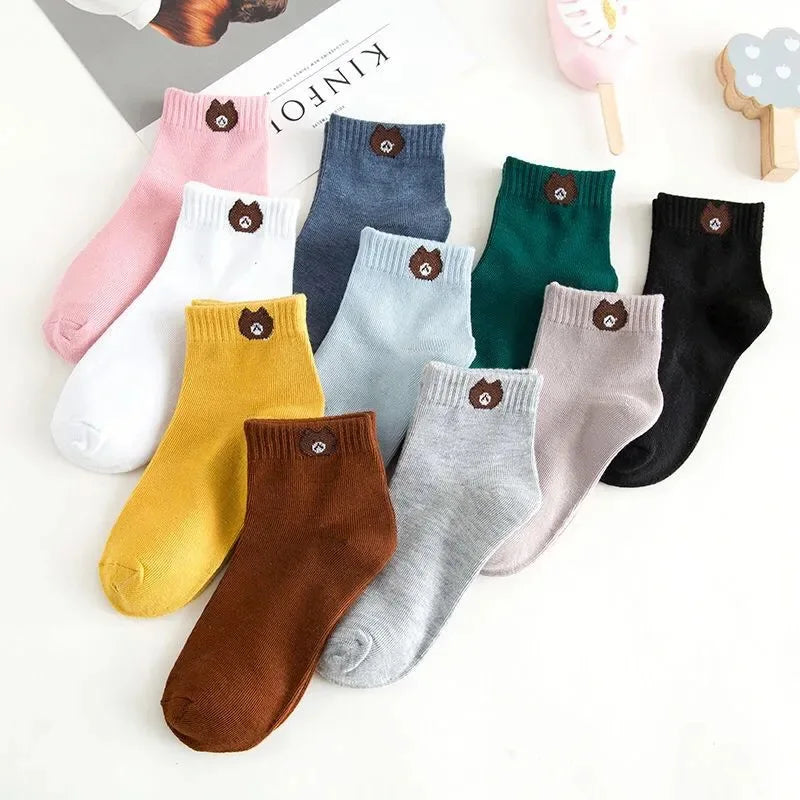 Ten Pairs of Ten Color WOMEN'S Solid Color Teddy Bear Short Socks, Cute, Comfortable, and Breathable WOMEN'S Socks