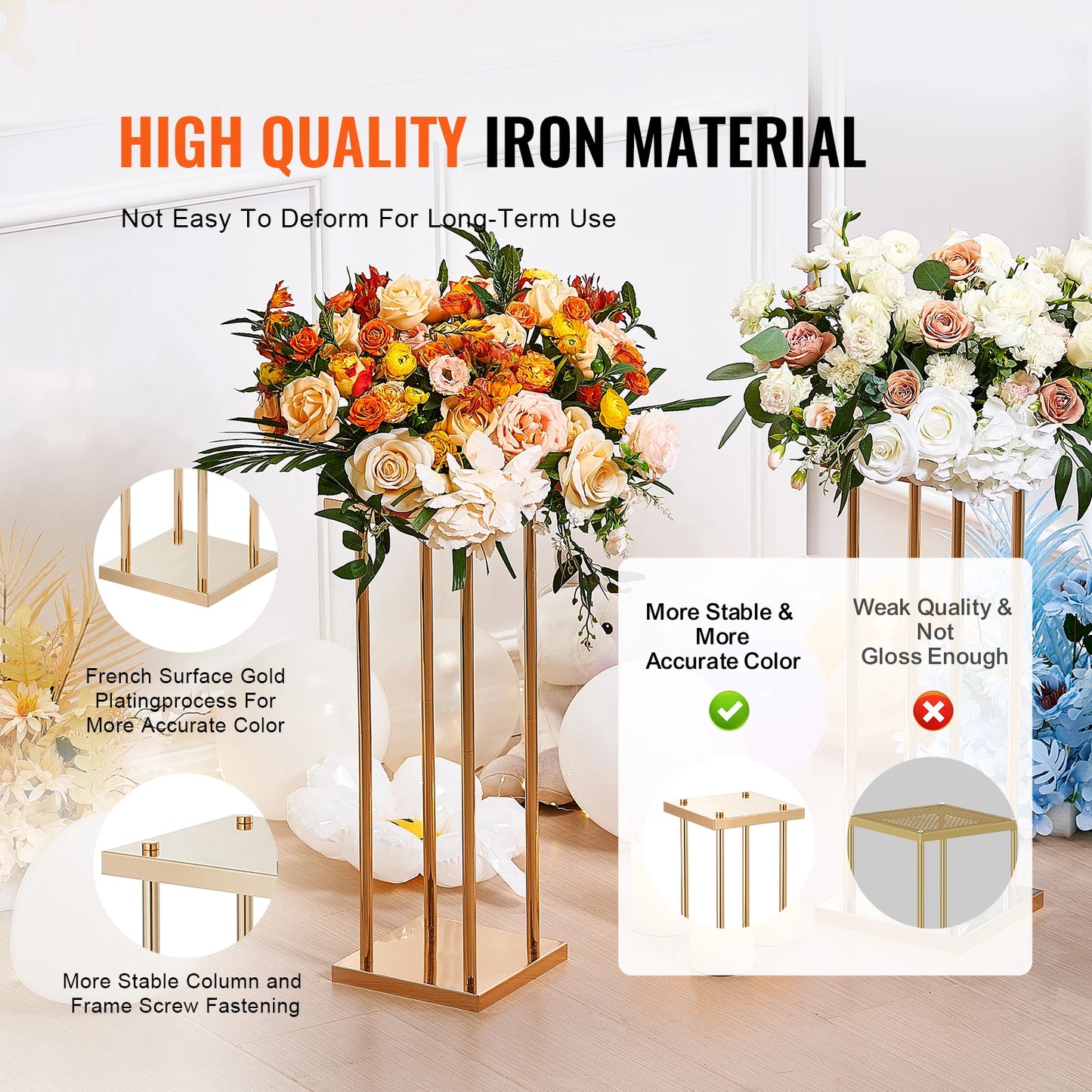 VEVOR Gold Metal Column Wedding Flower Stand High With Metal Laminate Vase Geometric Centerpiece Stands Cylindrical Floral