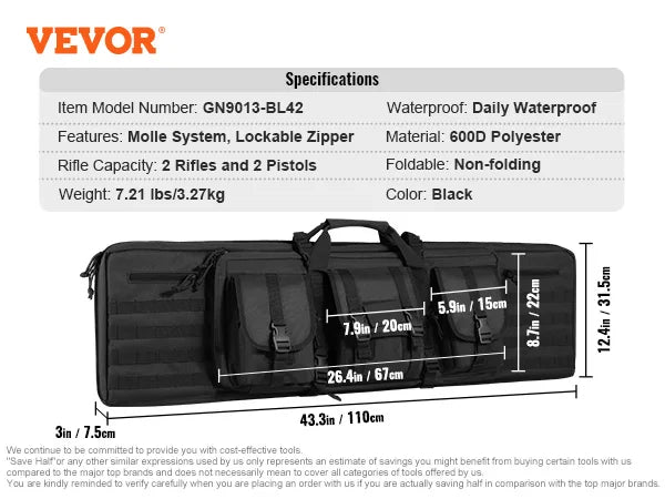 VEVOR Rifle Bag 36/42 inch Tactical Double Long Gun Bag Soft Rifle Case with Lockable Zipper for Two 34"/40" Rifles & 2 Pistols