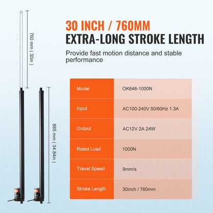 VEVOR 2PCS 12V Linear Actuator 1000N 30inch Electric Linear Motor Controller Kit IP54 Protection for Home TV Table Sofa Lifting