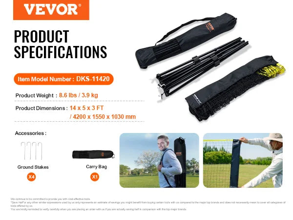 VEVOR 10/14/17FT Badminton Net Height Adjustable Volleyball Net Wide Foldable Pickleball Net Portable Easy Setup Tennis Net Set