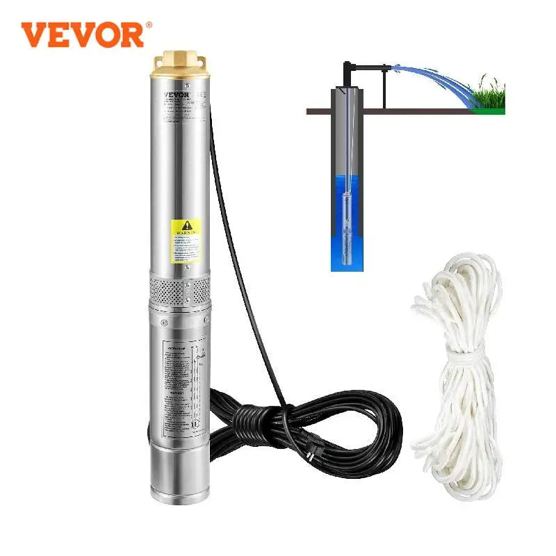 VEVOR Deep Well Submersible Pump 750W 20 m Electric Cord 7.6 cm Stainless Steel Water Pumps for Industrial Irrigation & Home Use