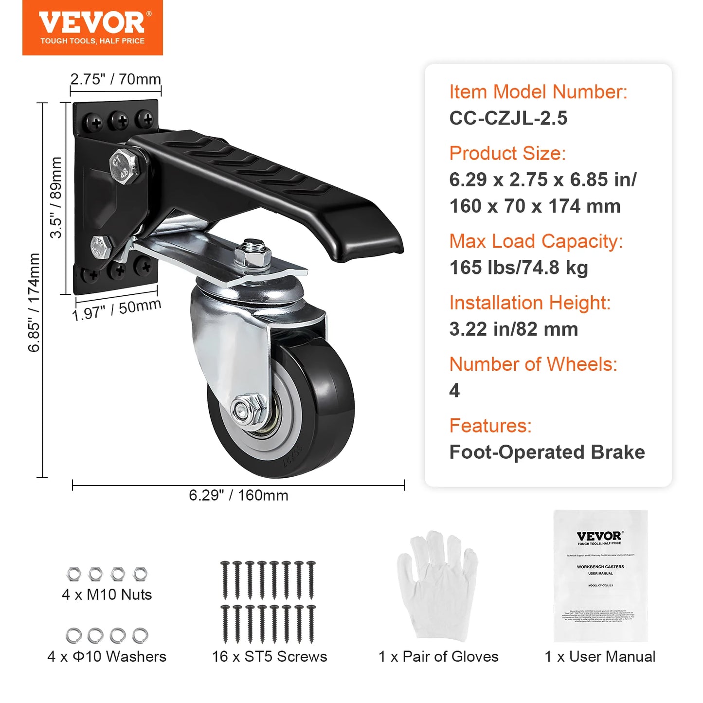 VEVOR 165 lbs 2.5" Set of 4 Workbench Caster Wheels Side Mounted Retractable Stepdown Wheel 360° Swivel for Tables and Equipment