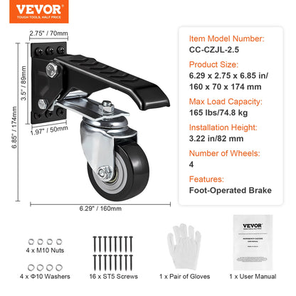 VEVOR 165 lbs 2.5" Set of 4 Workbench Caster Wheels Side Mounted Retractable Stepdown Wheel 360° Swivel for Tables and Equipment