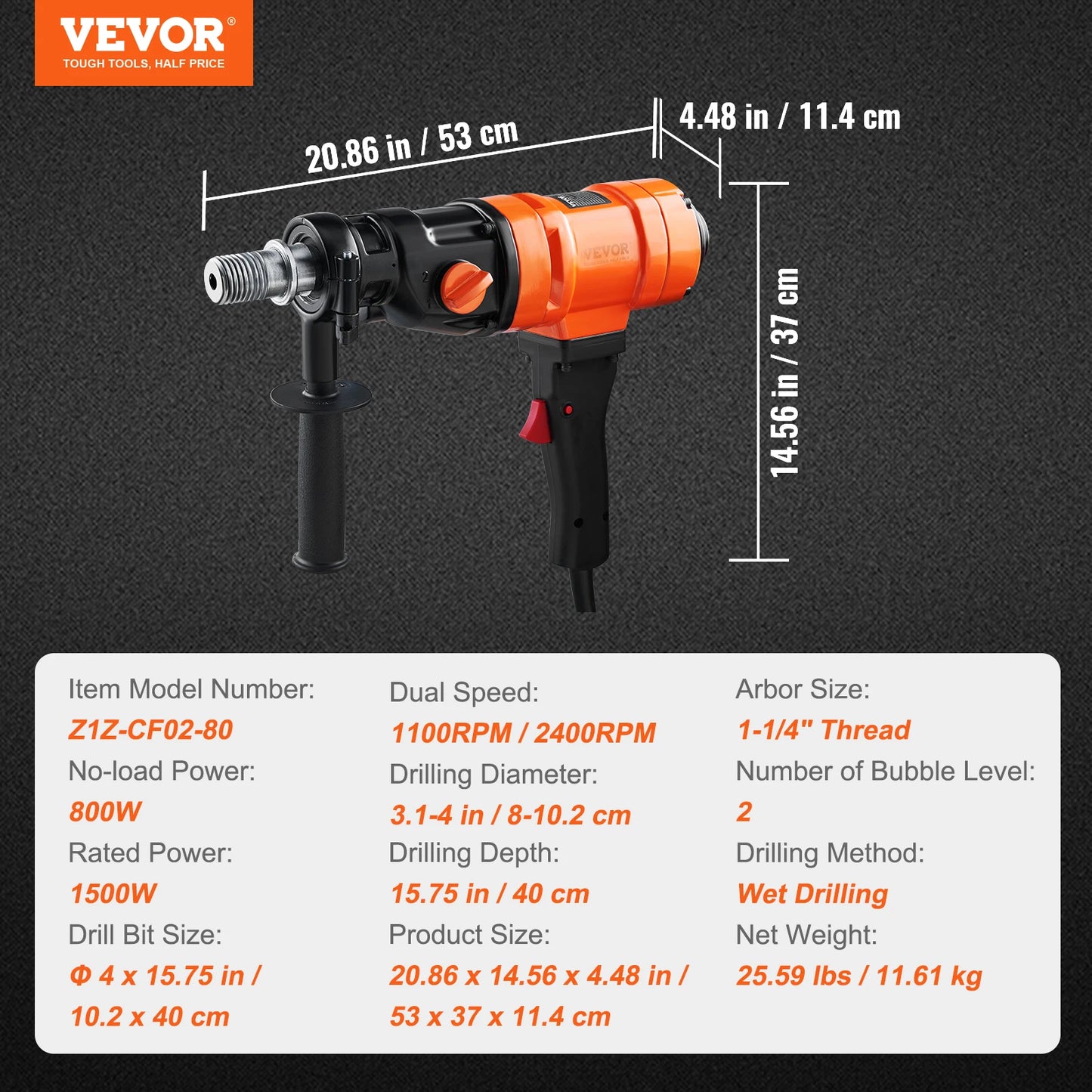 VEVOR 1500W 4in Bit Diamond Core Drill Machine Handheld Concrete Core Drill Rig Wet Stepless Speed Electric Drilling Machine