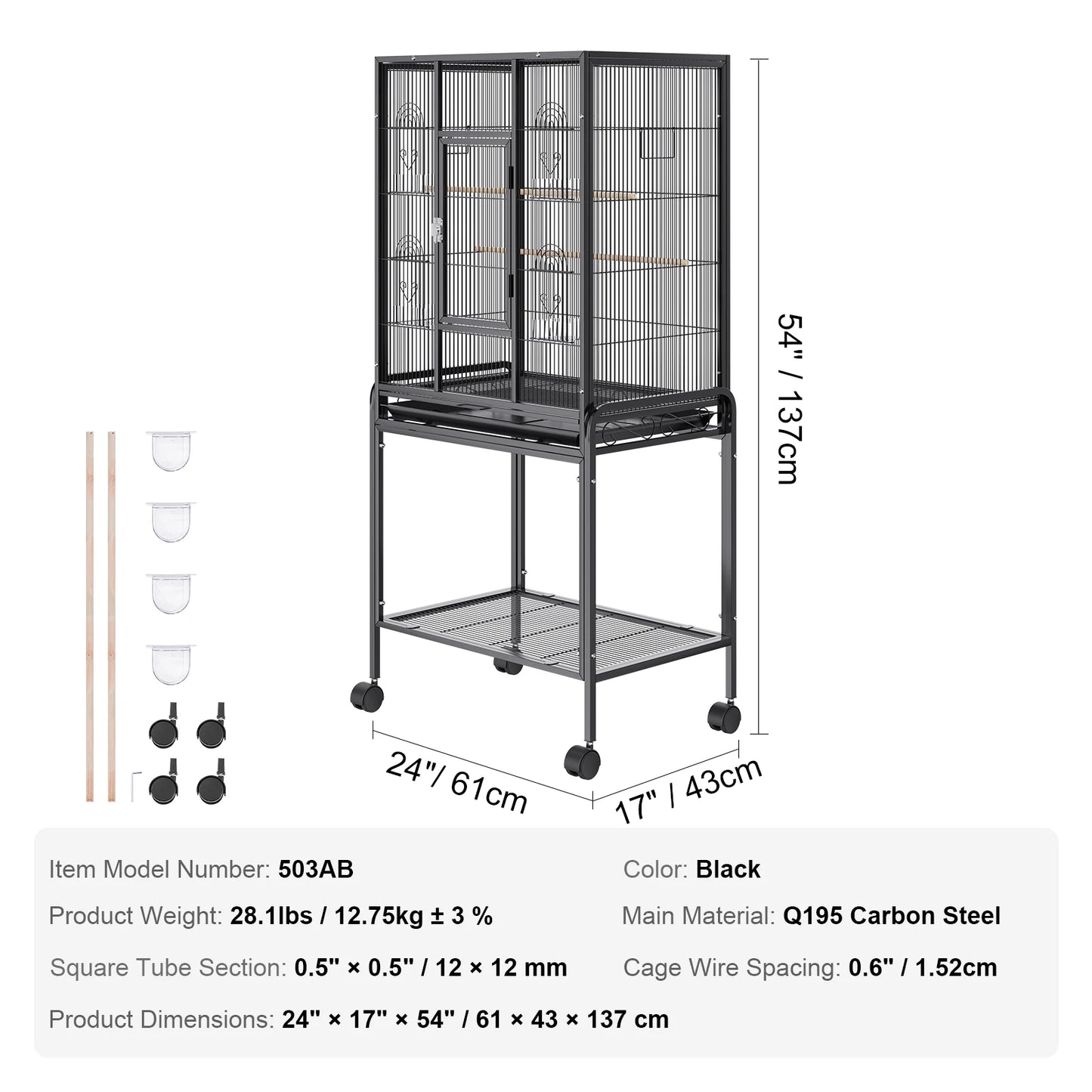 VEVOR 52/54 inch Standing Large Flight Bird Cage Carbon Steel Parakeets Cages with Rolling Stand and Tray for Cockatiels Parrots