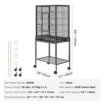 VEVOR 52/54 inch Standing Large Flight Bird Cage Carbon Steel Parakeets Cages with Rolling Stand and Tray for Cockatiels Parrots