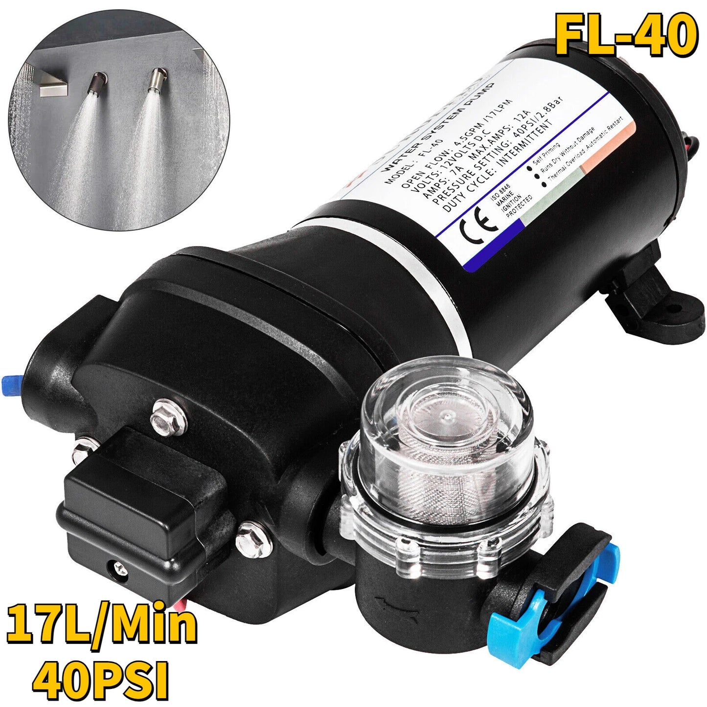 VEVOR 12V Diaphragm Water Pump 10L/Min 17PSI 17L/Min 40PSI High Pressure Automatic Self Priming Misting Booster Pump Car Marine