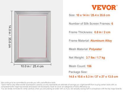 VEVOR 6 PCs Screen Printing Kit 10x14 inch Aluminum Silk Screen Printing Frames Silk Screen Printing Frame Tension Nylon Mesh
