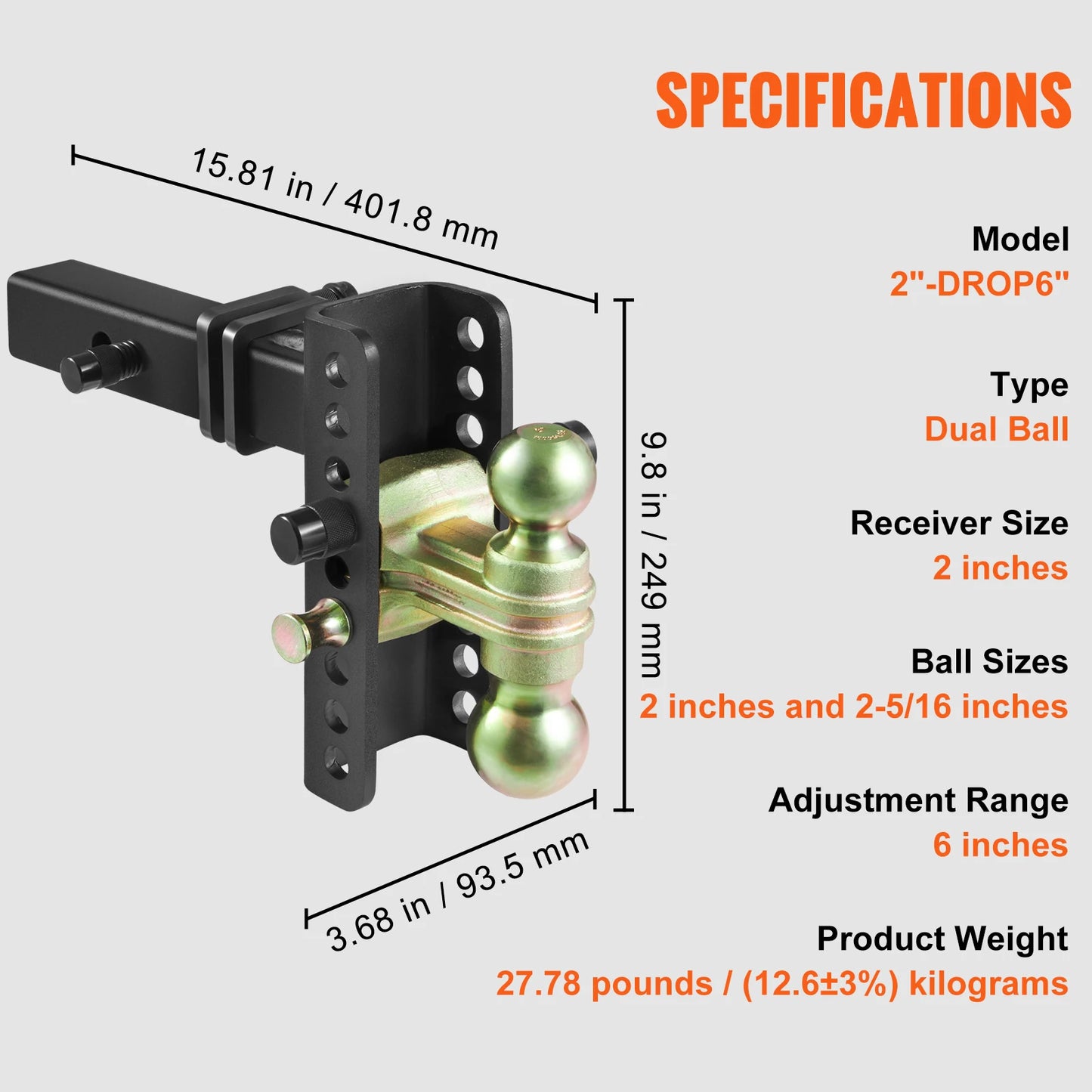 VEVOR Adjustable Trailer Hitch Ball Mount 2'' Receiver 6''Drop Drowith Receiver Solid Tube Steel Tow Balls for Truck Towing