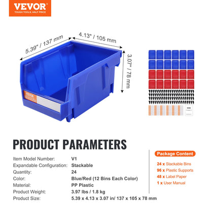 VEVOR Storage Bin 24pcs Stackable Organizer Bin 5x4*3inch Freestanding Tiered Shelf for Garage Hanging Stacking Container