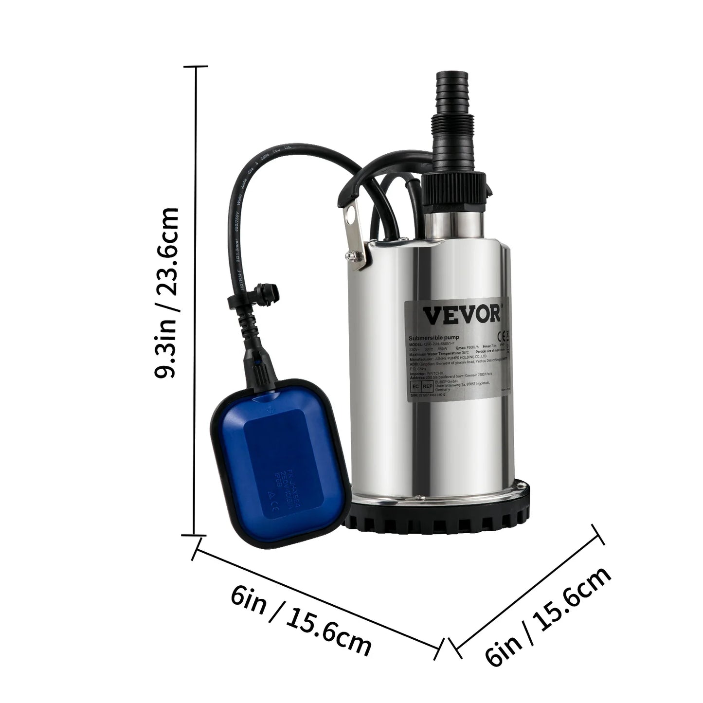 VEVOR Submersible Water Pump 9500L/H w/ 10 m Cord and Automatic Tethered Float Switch for Clean Empty Flooded Area Swimming Pool