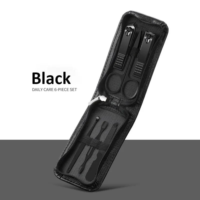 New 6 Pcs Portable Luxury Manicure Sets Pedicure Kits Bright Black Nail Clipper Set Personal Care Tools Eyebrow Scissors