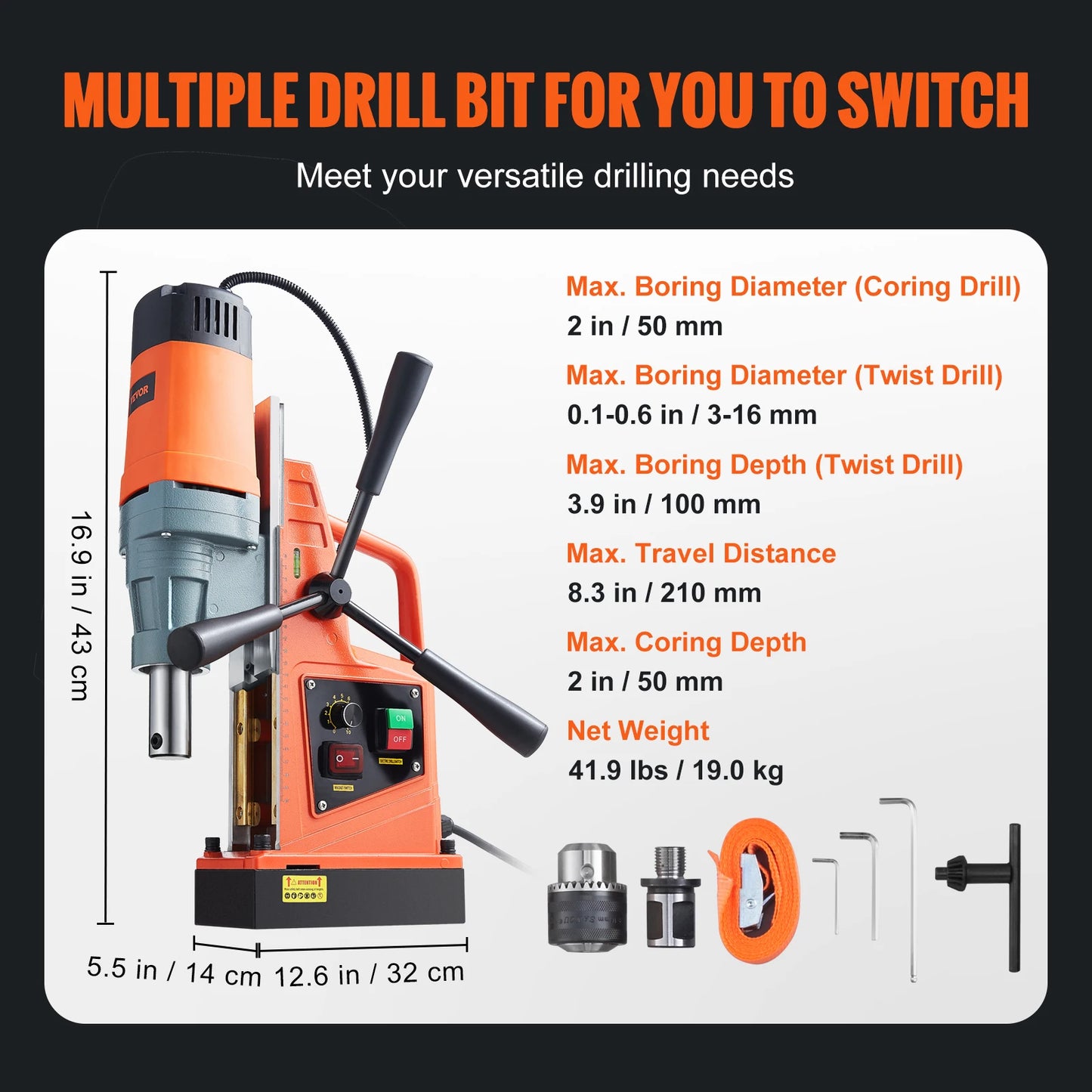 VEVOR 1300W 1400W 2" Electric Drilling Machine Magnetic Drill Press Boring Diameter Power Drill 1-second Release Drill