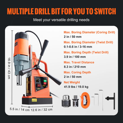 VEVOR 1300W 1400W 2" Electric Drilling Machine Magnetic Drill Press Boring Diameter Power Drill 1-second Release Drill