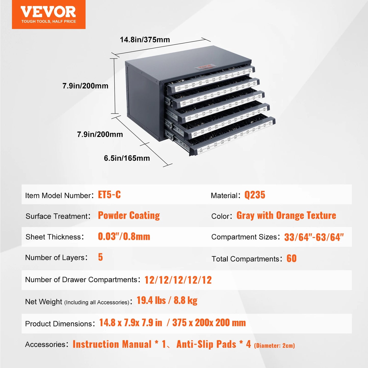 VEVOR Drill Bit Dispenser Cabinet Three-Drawer Drill Bit Organizer Cabinet Steel Drill Dispenser Organizer Cabinet Storage