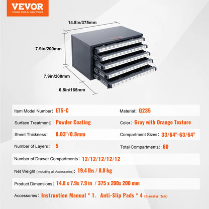 VEVOR Drill Bit Dispenser Cabinet Three-Drawer Drill Bit Organizer Cabinet Steel Drill Dispenser Organizer Cabinet Storage