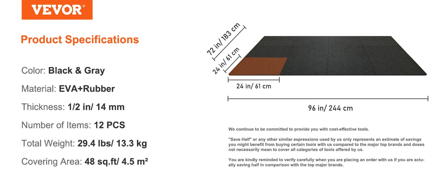 VEVOR 25/12/6 PCS 1/2 inch Thick Gym Floor Mats EVA Foam & Rubber Top Interlocking Workout Floor Mats Waterproof Exercise Mats