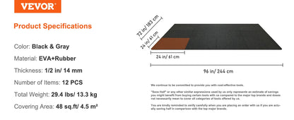 VEVOR 25/12/6 PCS 1/2 inch Thick Gym Floor Mats EVA Foam & Rubber Top Interlocking Workout Floor Mats Waterproof Exercise Mats