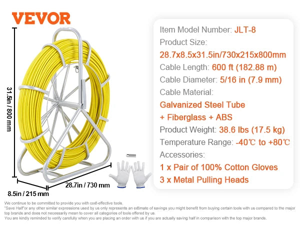 VEVOR Fish Tape Fiberglass 425/492/600/656 ft Duct Rodder Fishtape Wire Puller Fishing Tools for Walls and Electrical Conduit