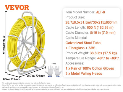 VEVOR Fish Tape Fiberglass 425/492/600/656 ft Duct Rodder Fishtape Wire Puller Fishing Tools for Walls and Electrical Conduit