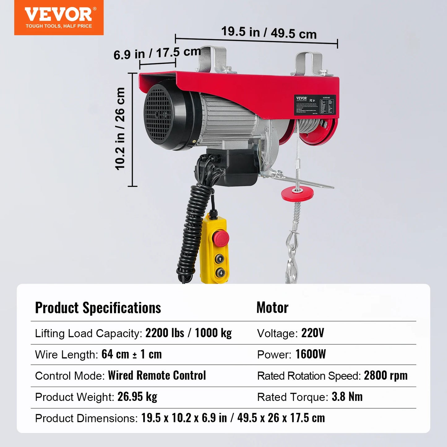 VEVOR 400-1000kg Electric Hoist Lifting Crane Cable Hoist Winch for Boat Car Garage Elevator with Wired Remote Control Lifter