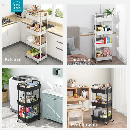 3/4/5 Tier Rolling Utility Cart with Hooks Book Storage Rack with Brakes Easy Assembly for Kitchen, Office, Bathroom