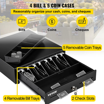 VEVOR Cash Register Drawer 13" 2 Unlocking Ways Fully Removable Design with 4 Bill 5 Coin Cash Tray 2 Keys Included Compact Size