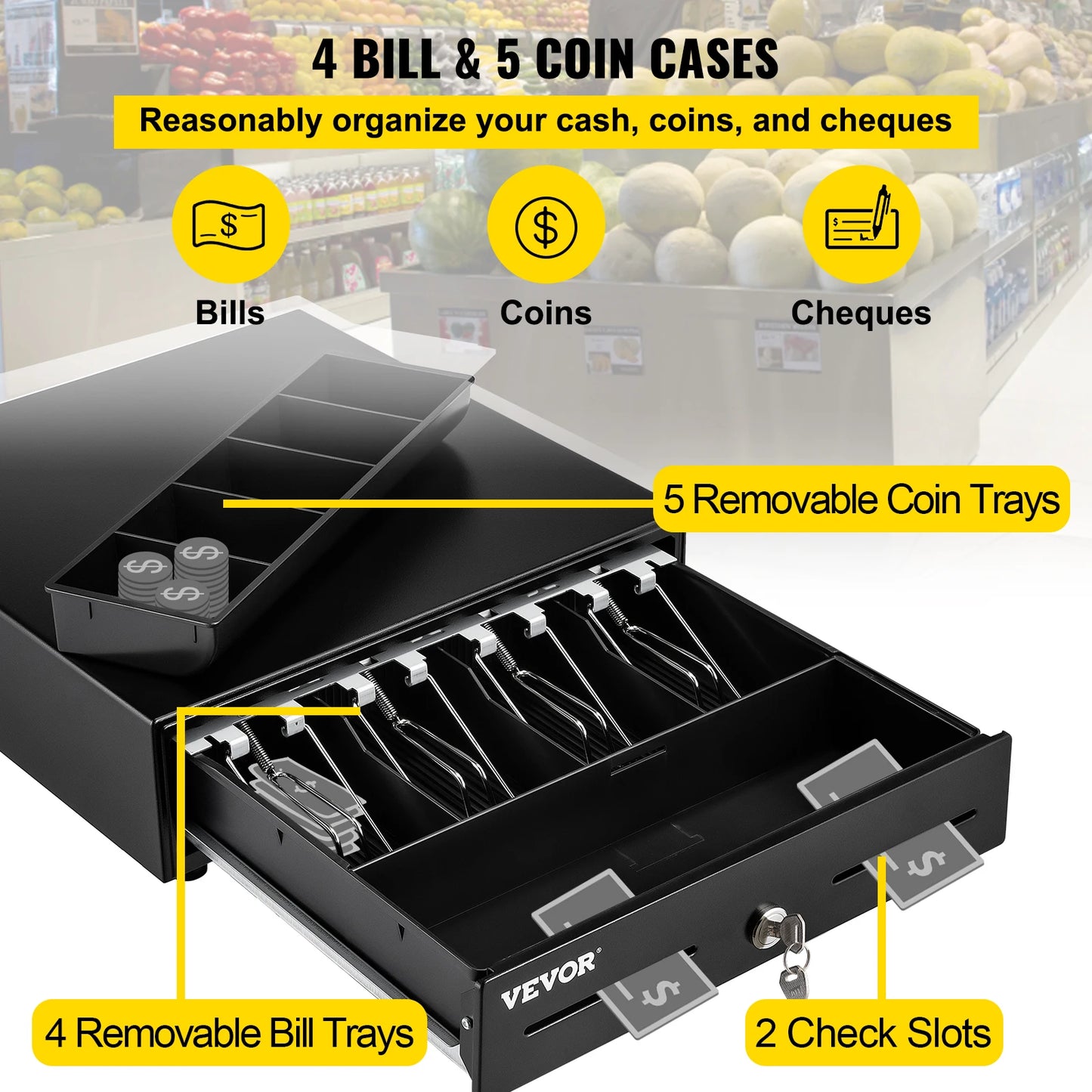 VEVOR Cash Register Drawer 13" 2 Unlocking Ways Fully Removable Design with 4 Bill 5 Coin Cash Tray 2 Keys Included Compact Size