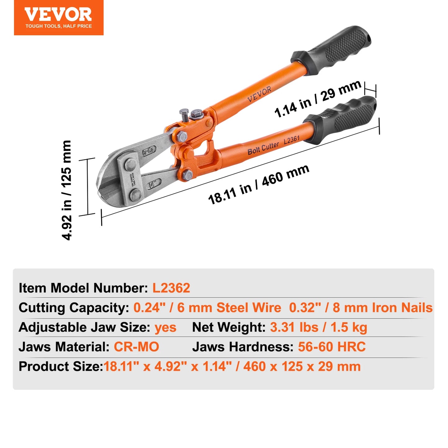 VEVOR Bolt Cutter 8in/14in/18in/24in Lock Cutter Bi-Material Handle with Soft Rubber Grip Chrome Molybdenum Alloy Steel Blade