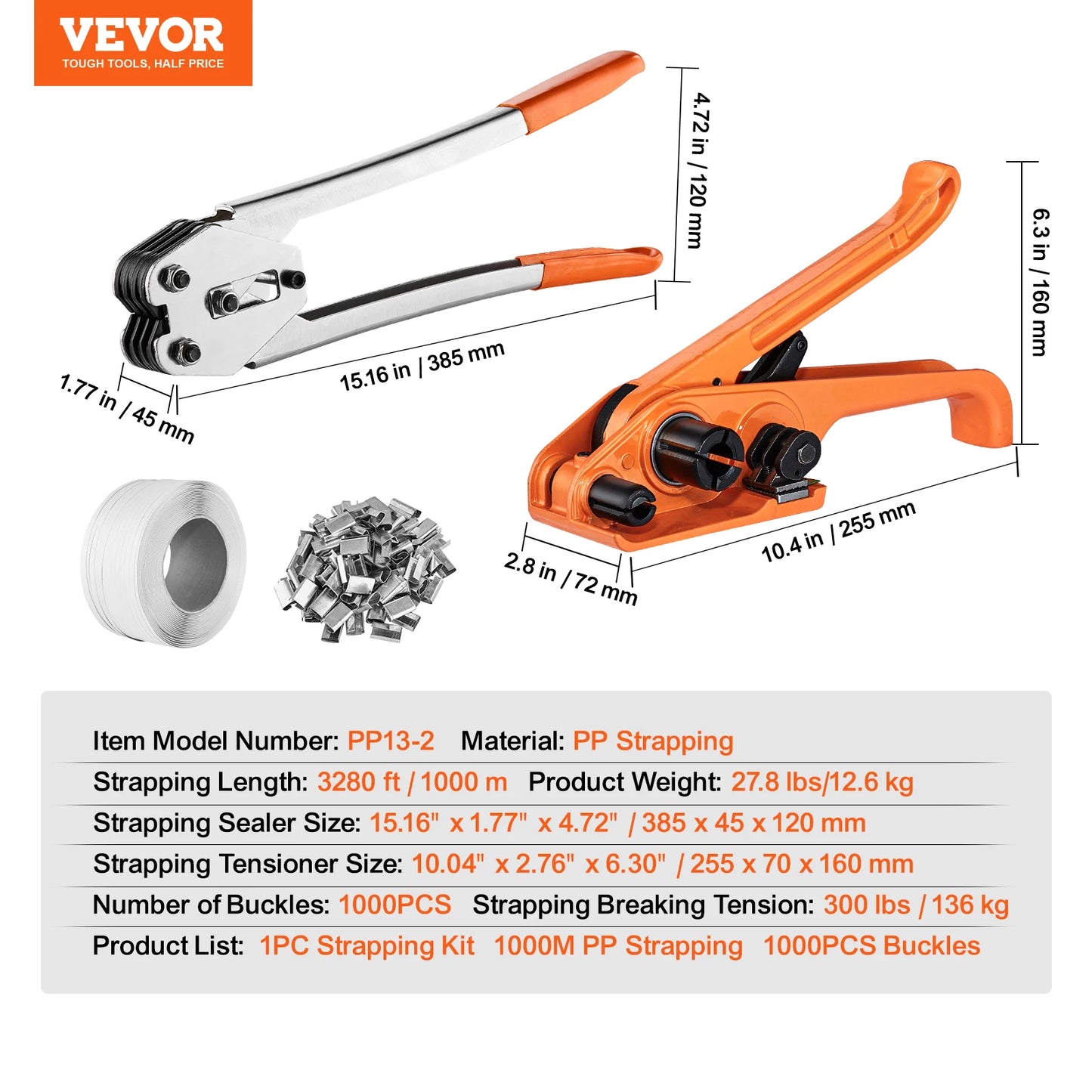 VEVOR Pallet Packaging Strapping Banding Kit with Tensioner Banding Sealer Tool 328ft PP Band 100 Metal Seals for Packing Belt