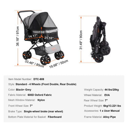 VEVOR Pet Stroller Carrier Dog Cat Strollers Lightweight Travel Rotate with Brakes Pet Pad Cup Holder for Puppy Dog Accessories