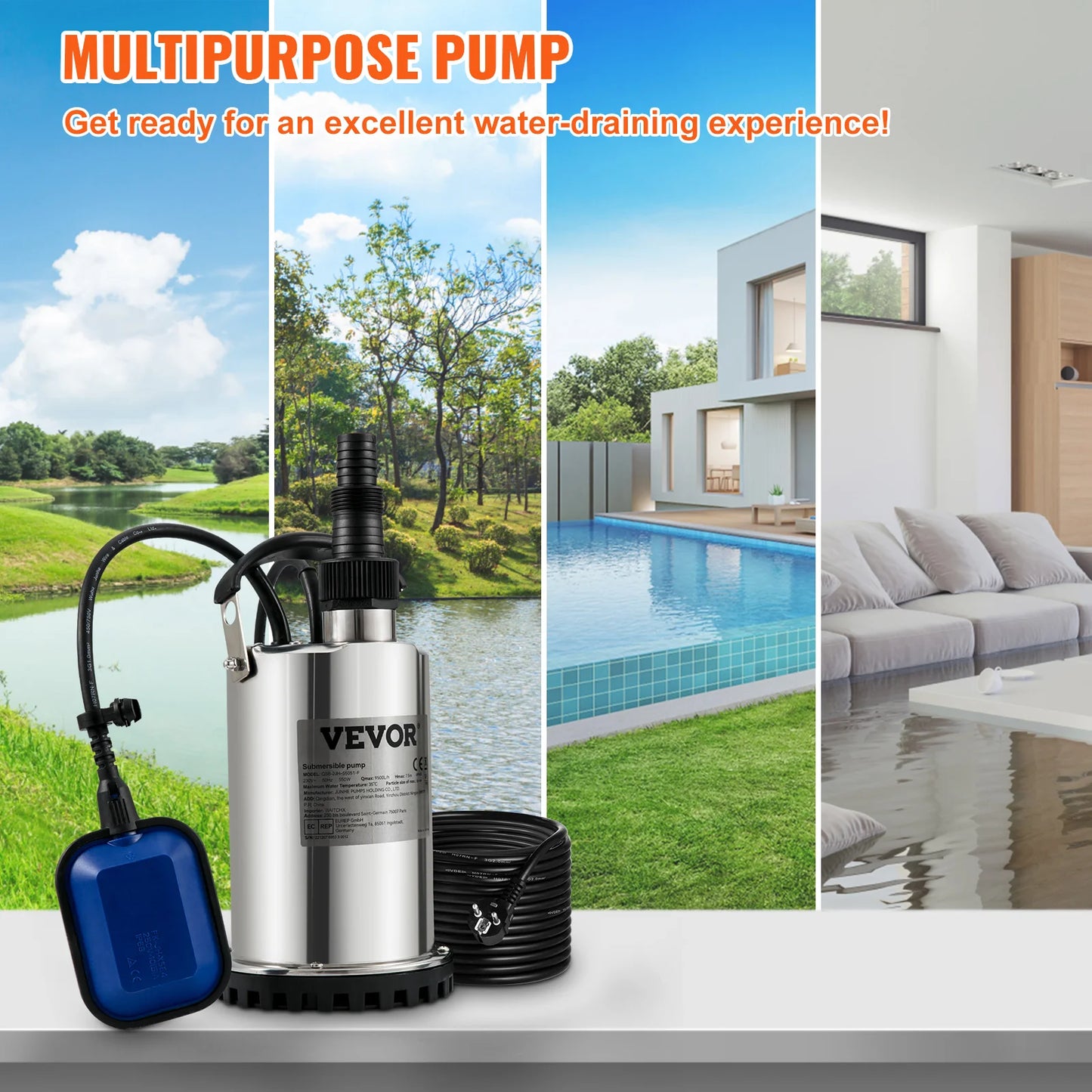 VEVOR Submersible Water Pump 9500L/H w/ 10 m Cord and Automatic Tethered Float Switch for Clean Empty Flooded Area Swimming Pool