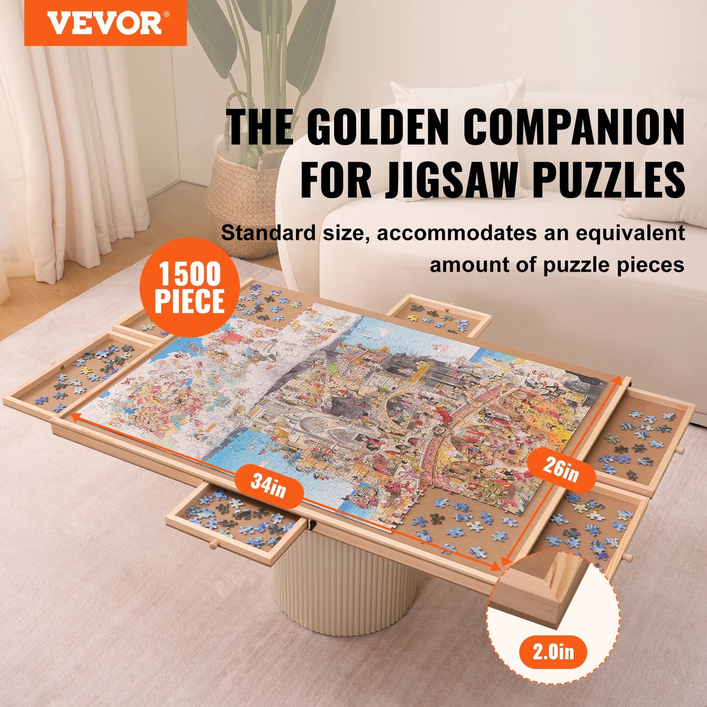 VEVOR 1500 -2000 Piece Rotating Puzzle Board Wooden Jigsaw Puzzle Table with 6 Drawers and Cover for Adults and Kids