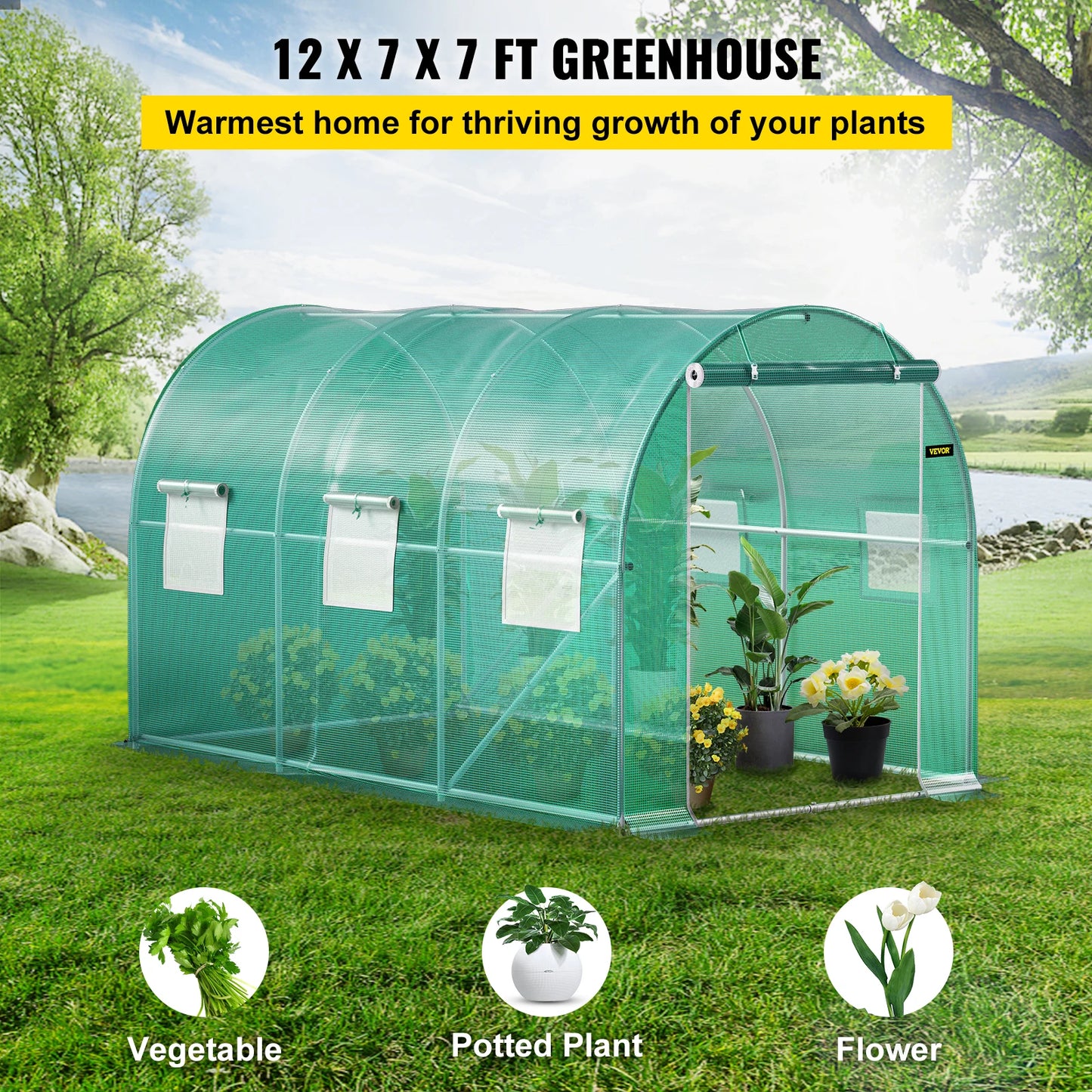 VEVOR 12 x 7 x 7 ft Walk-in Tunnel Greenhouse Portable Plant Hot House with Galvanized Steel Hoops 1 Top Beams 2 Diagonal Poles