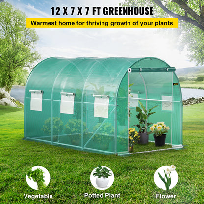 VEVOR 12 x 7 x 7 ft Walk-in Tunnel Greenhouse Portable Plant Hot House with Galvanized Steel Hoops 1 Top Beams 2 Diagonal Poles