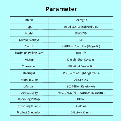 Redragon K683WB-RGB Wired Mechanical Keyboard, 87-key Adjustable Magnetic Linear Switches Double-shot PBT Keycaps 8000Hz Polling Rate RGB Backlight - White Green